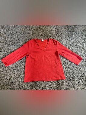 J. Crew Textured V Neck 3/4 Sleeve Shirt Womens Size M Stretch Red/Orange Preppy